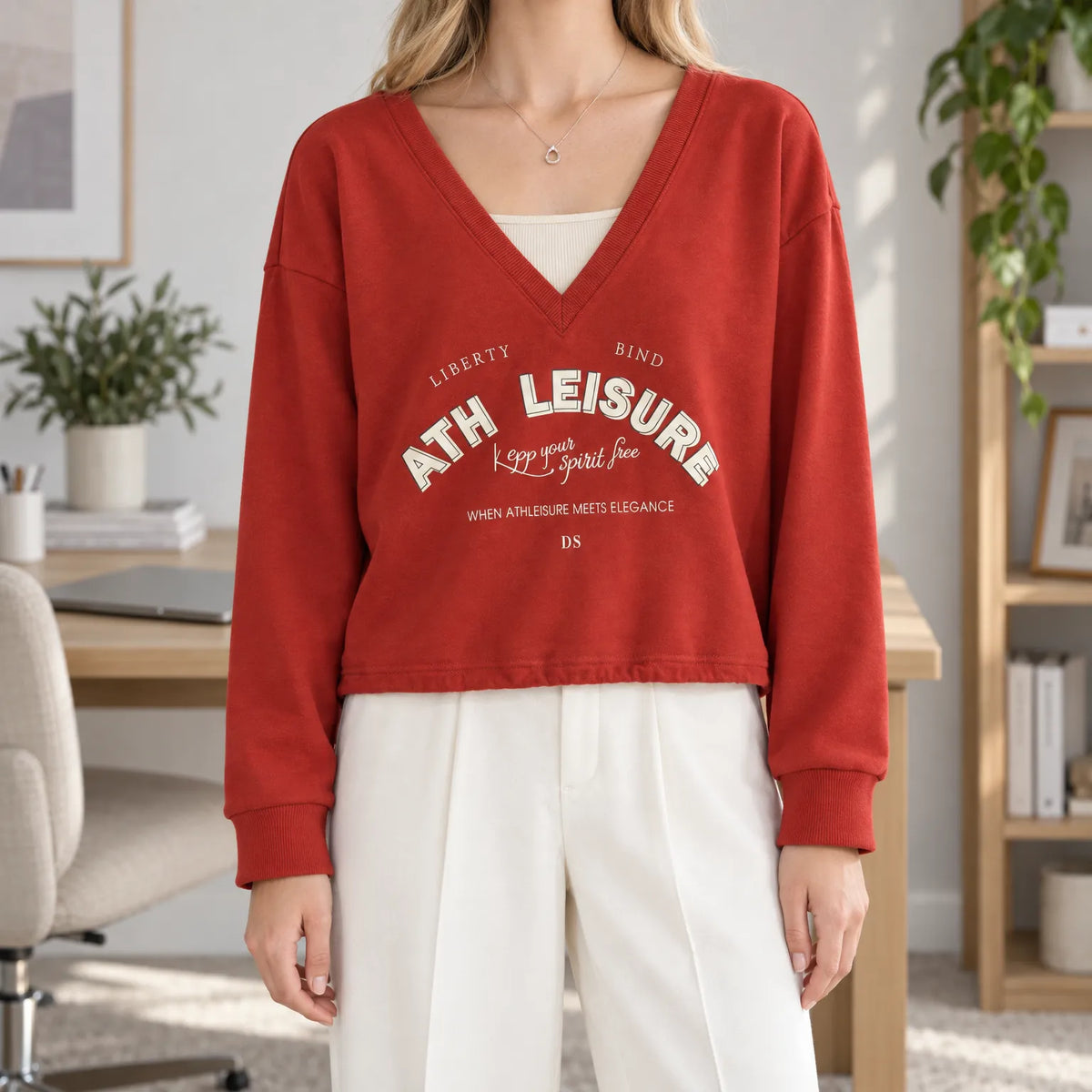 Women's cropped V-neck sweatshirt with graphic chest print and long sleeves