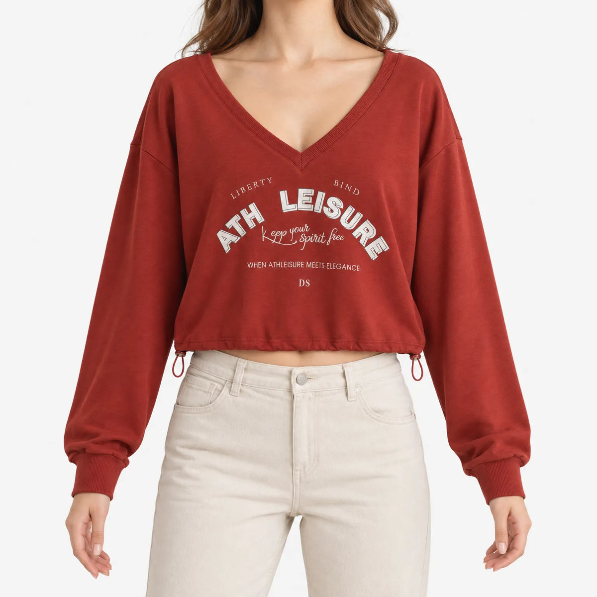 Women's cropped V-neck sweatshirt with graphic chest print and long sleeves