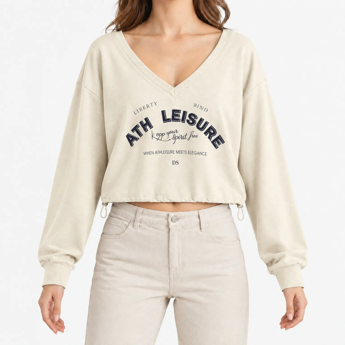 Women's cropped V-neck sweatshirt with graphic chest print and long sleeves