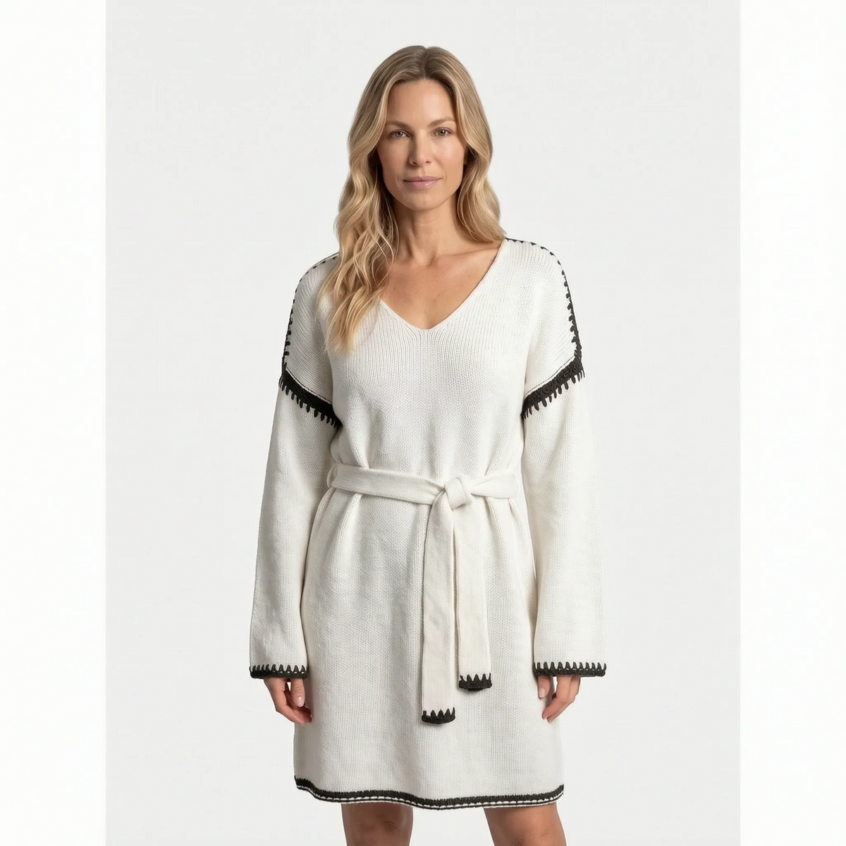 Women's V-neck knitted jumper dress with tie waist and contrasting trim