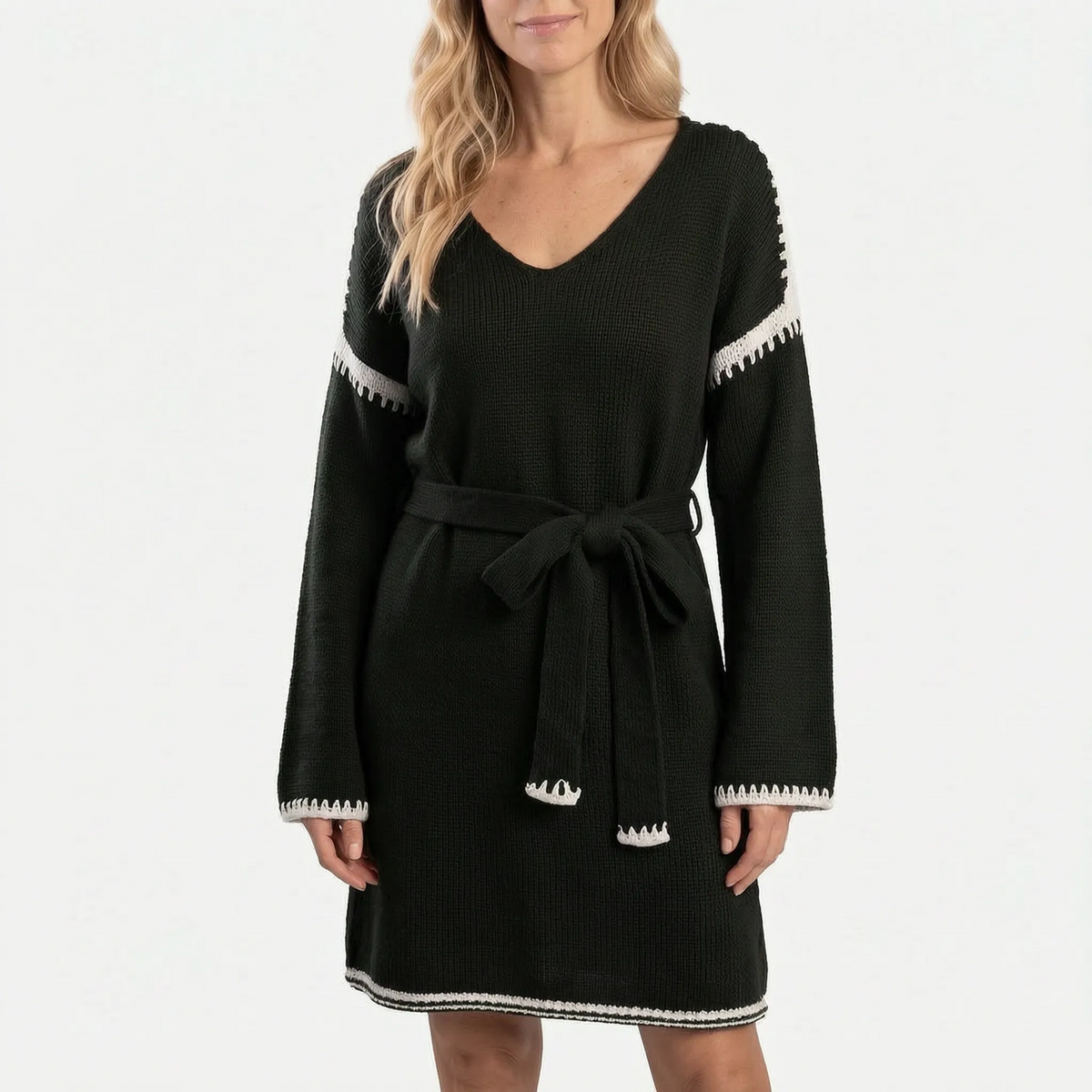Women's V-neck knitted jumper dress with tie waist and contrasting trim