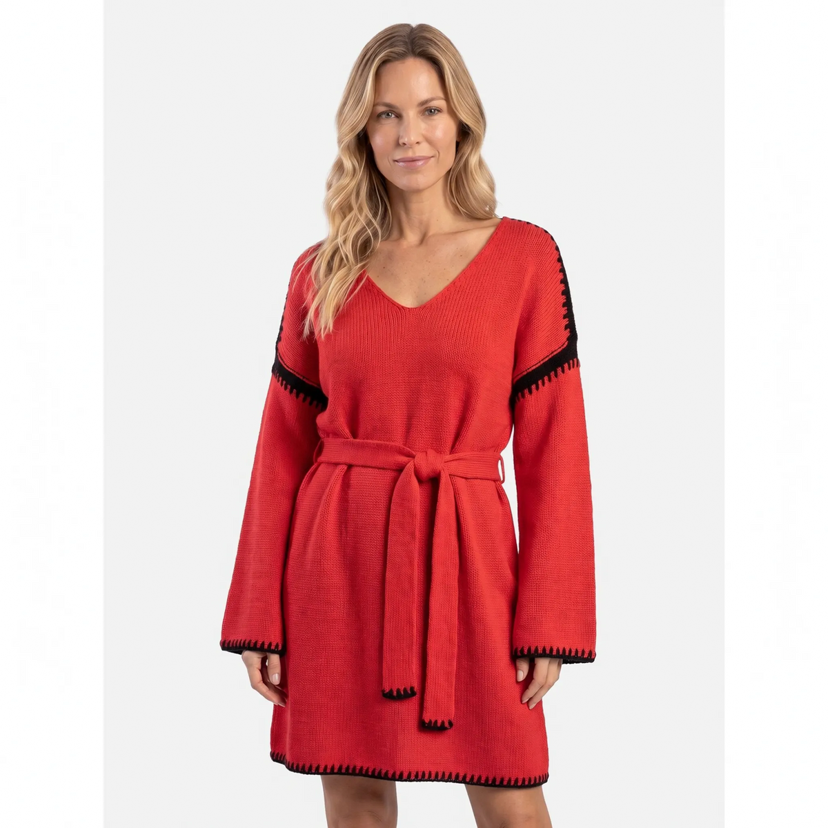 Women's V-neck knitted jumper dress with tie waist and contrasting trim