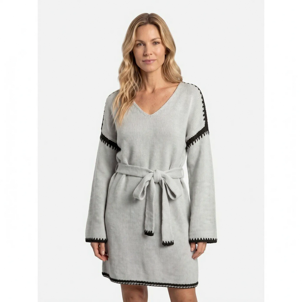 Women's V-neck knitted jumper dress with tie waist and contrasting trim