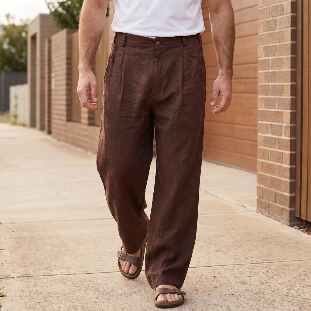 Men's brown wide leg trousers with pleated front and full-length legs