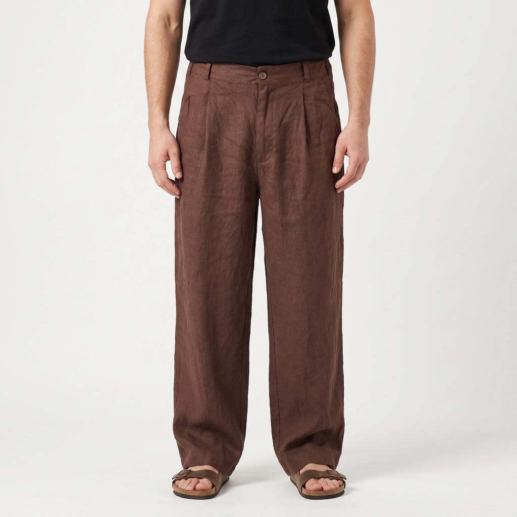 Men's brown wide leg trousers with pleated front and full-length legs
