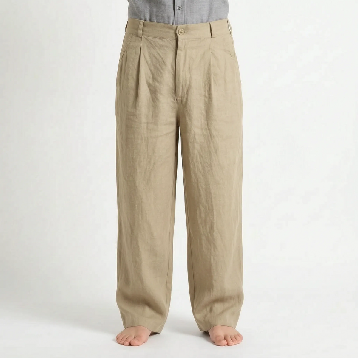 Men's brown wide leg trousers with pleated front and full-length legs