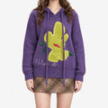 Women's purple knitted hoodie with a large cactus graphic and hood