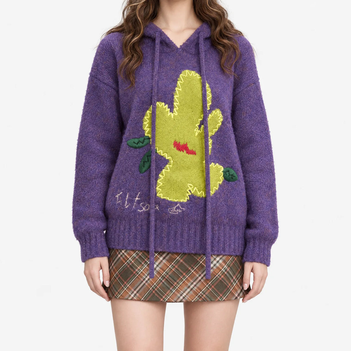 Women's purple knitted hoodie with a large cactus graphic and hood