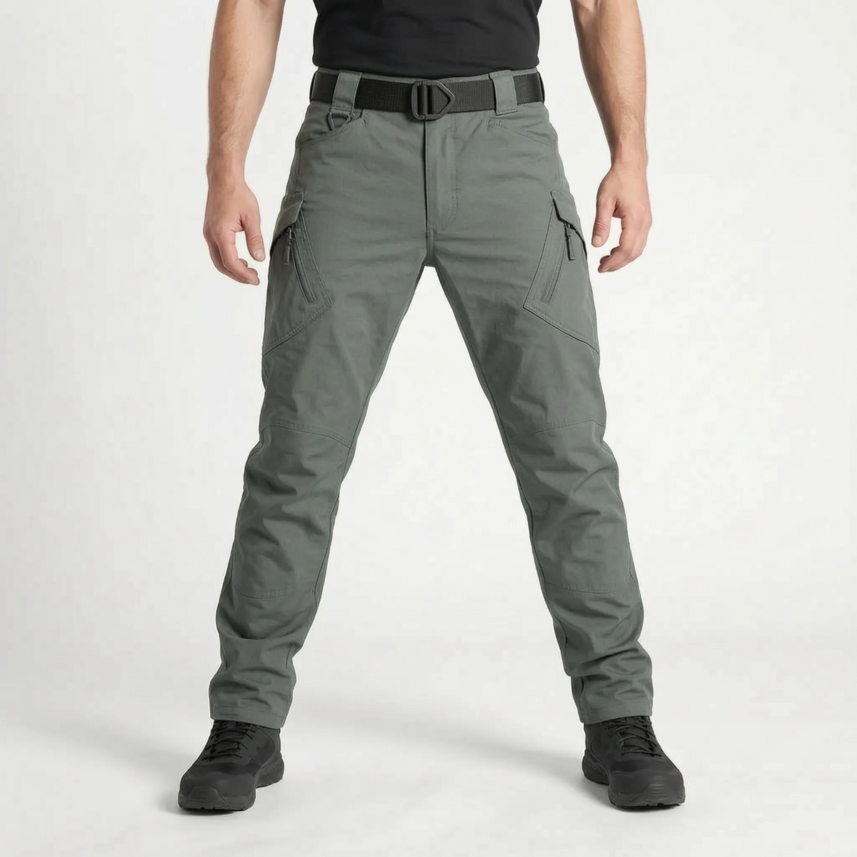 Men's tapered cargo trousers with multiple zipped pockets and articulated leg panels