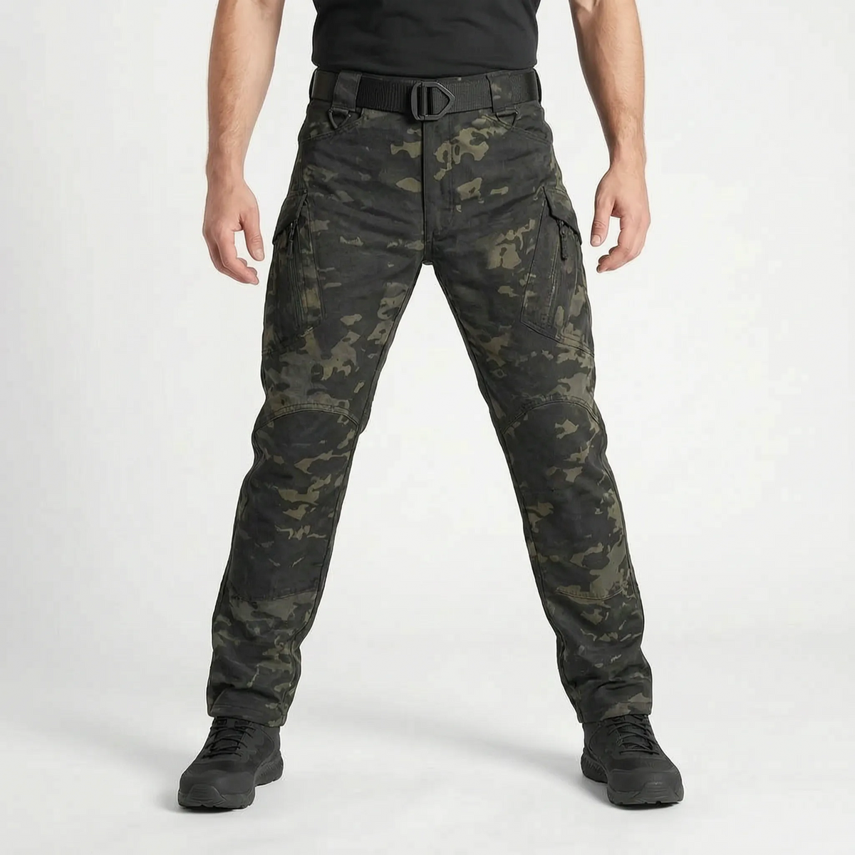 Men's tapered cargo trousers with multiple zipped pockets and articulated leg panels