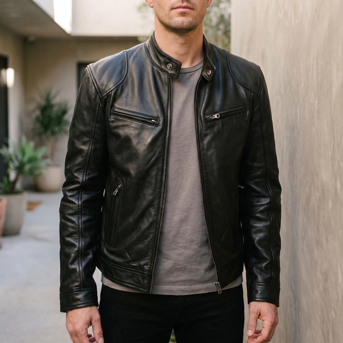 Men's slim fit textured jacket with stand collar, long sleeves and zipped pockets