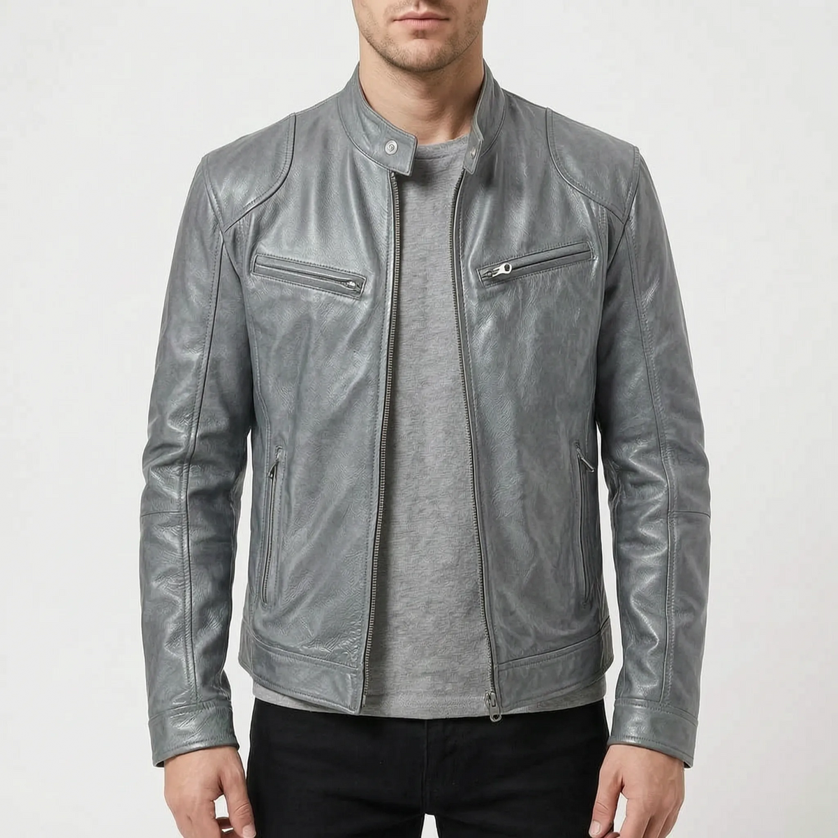 Men's slim fit textured jacket with stand collar, long sleeves and zipped pockets