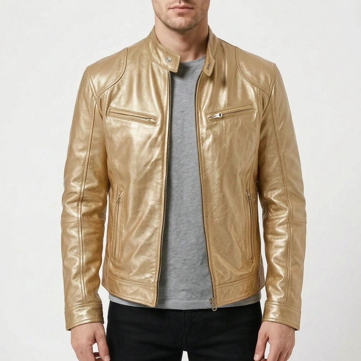 Men's slim fit textured jacket with stand collar, long sleeves and zipped pockets