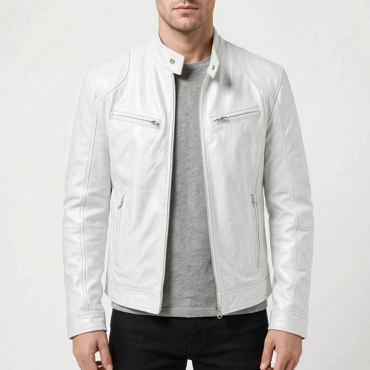 Men's slim fit textured jacket with stand collar, long sleeves and zipped pockets