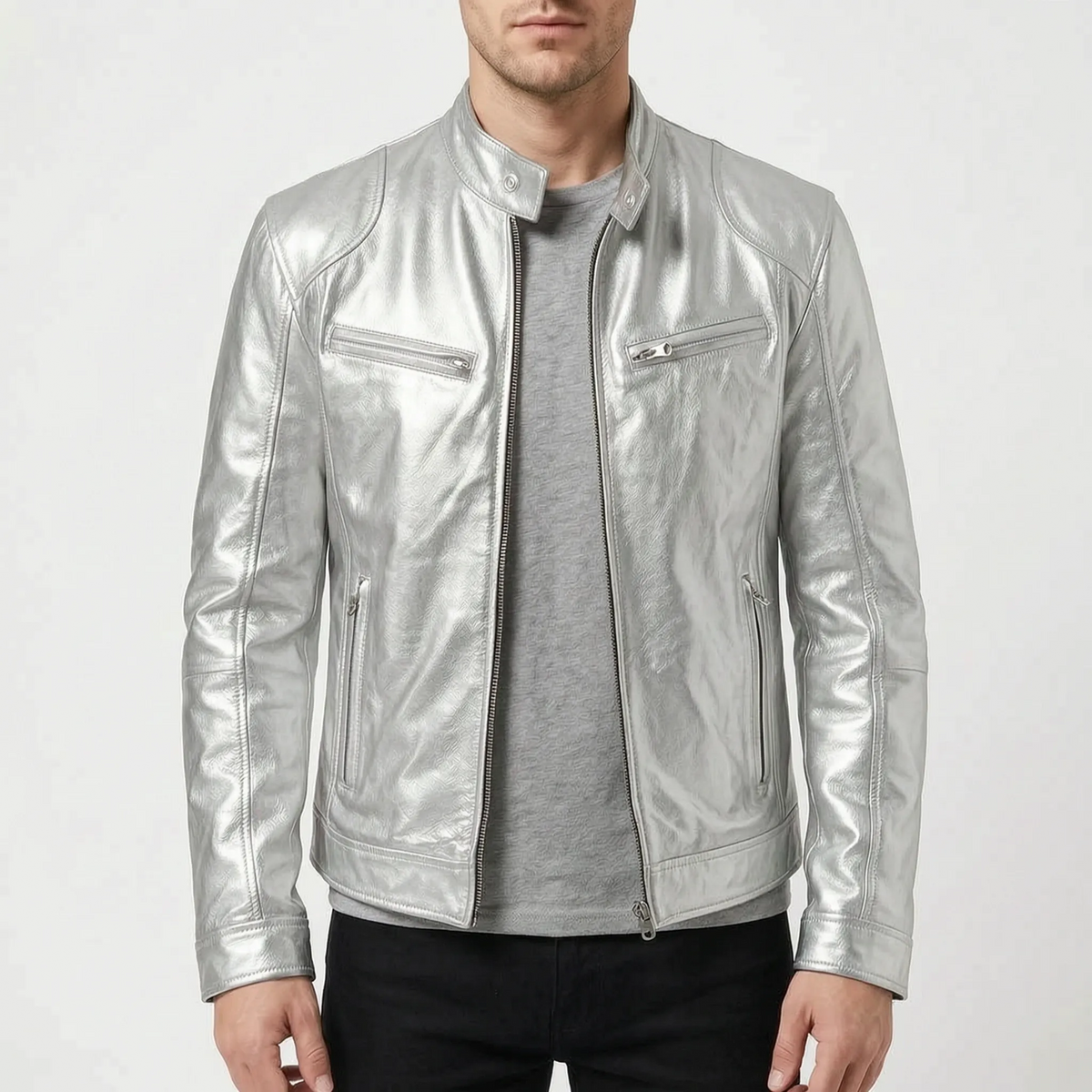 Men's slim fit textured jacket with stand collar, long sleeves and zipped pockets