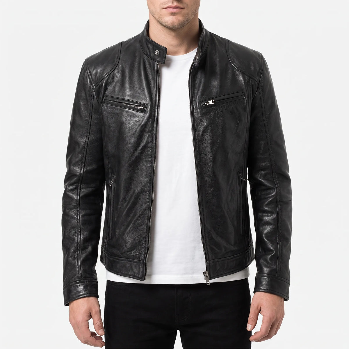 Men's slim fit textured jacket with stand collar, long sleeves and zipped pockets