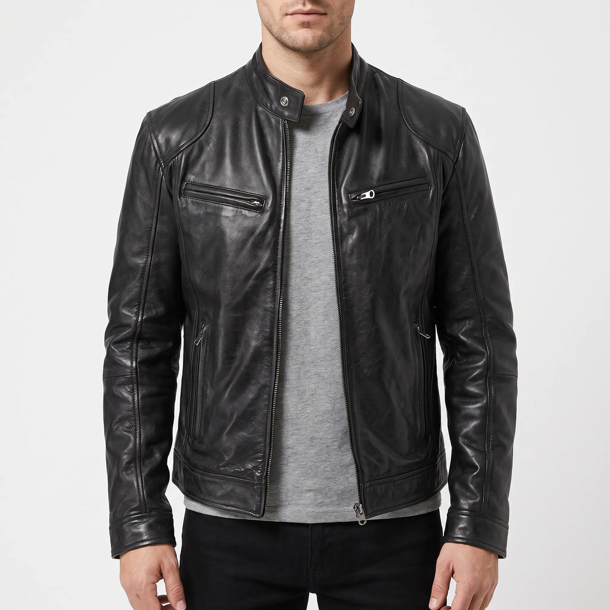 Men's slim fit textured jacket with stand collar, long sleeves and zipped pockets
