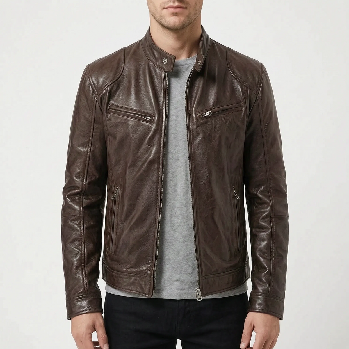 Men's slim fit textured jacket with stand collar, long sleeves and zipped pockets