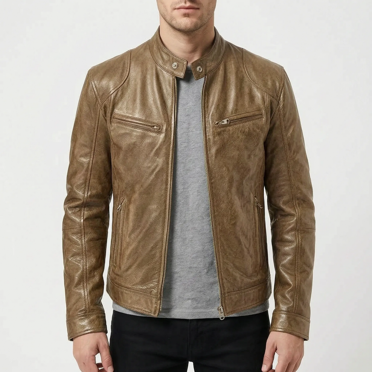 Men's slim fit textured jacket with stand collar, long sleeves and zipped pockets