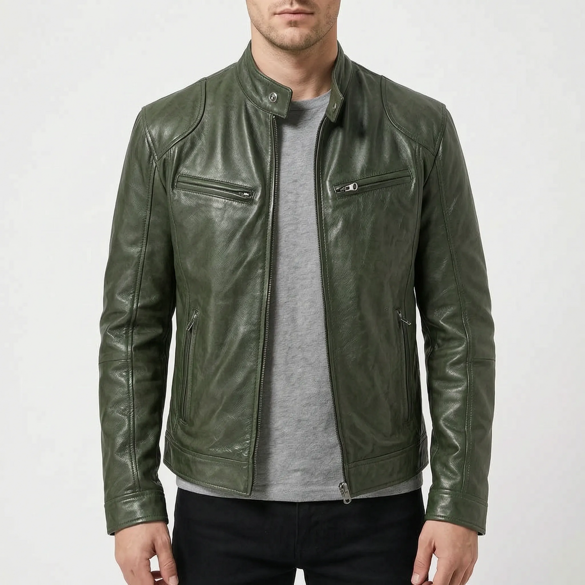 Men's slim fit textured jacket with stand collar, long sleeves and zipped pockets