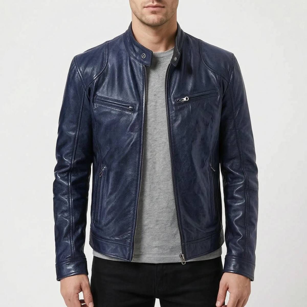 Men's slim fit textured jacket with stand collar, long sleeves and zipped pockets