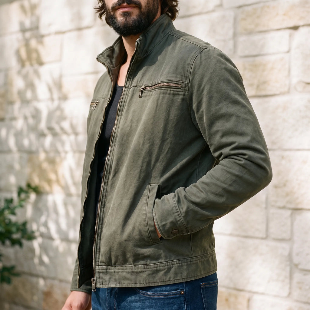Men's olive green zip-up jacket with stand collar and utility pockets