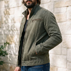 Men's olive green zip-up jacket with stand collar and utility pockets