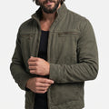 Men's olive green zip-up jacket with stand collar and utility pockets