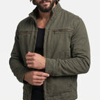 Men's olive green zip-up jacket with stand collar and utility pockets