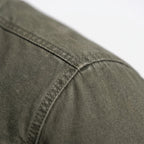 Men's olive green zip-up jacket with stand collar and utility pockets