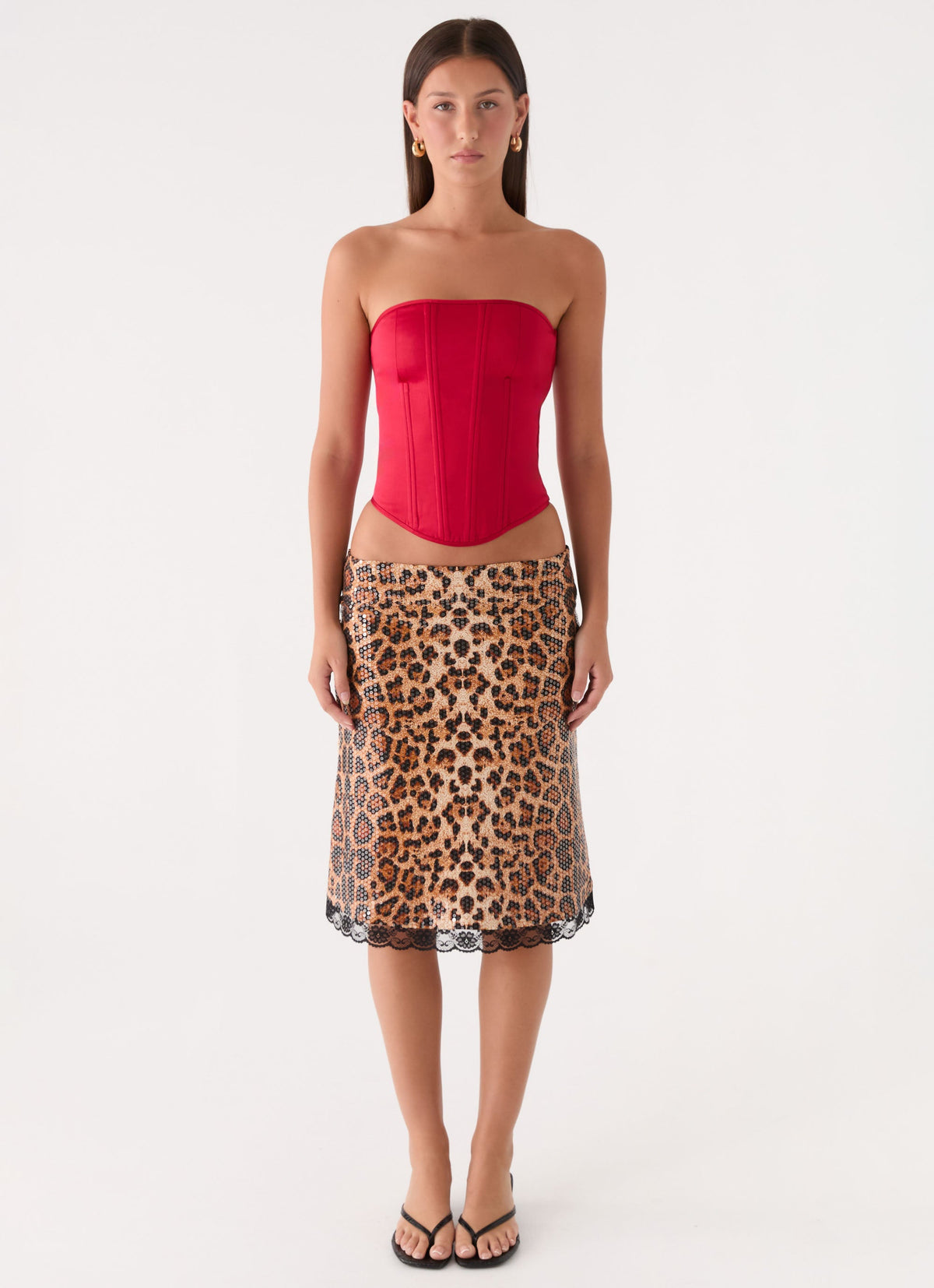 Women's brown leopard sequin mini skirt with black lace hem