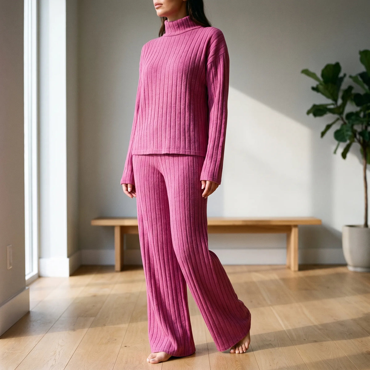 Women's ribbed turtle-neck knitted top and wide-leg trouser co-ord set