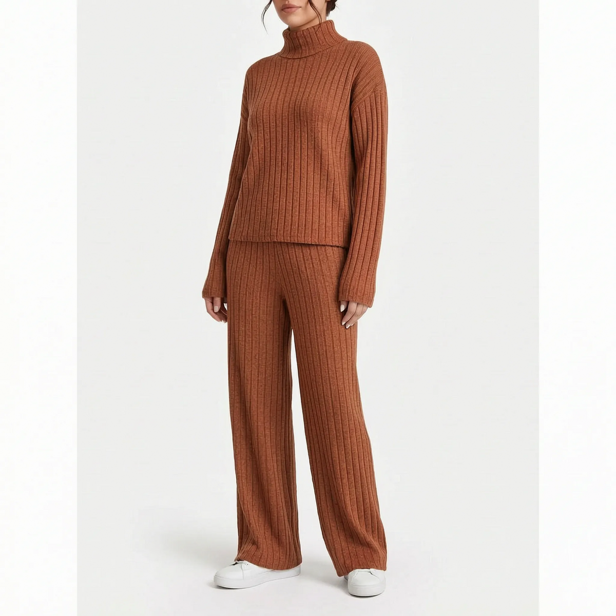 Women's ribbed turtle-neck knitted top and wide-leg trouser co-ord set