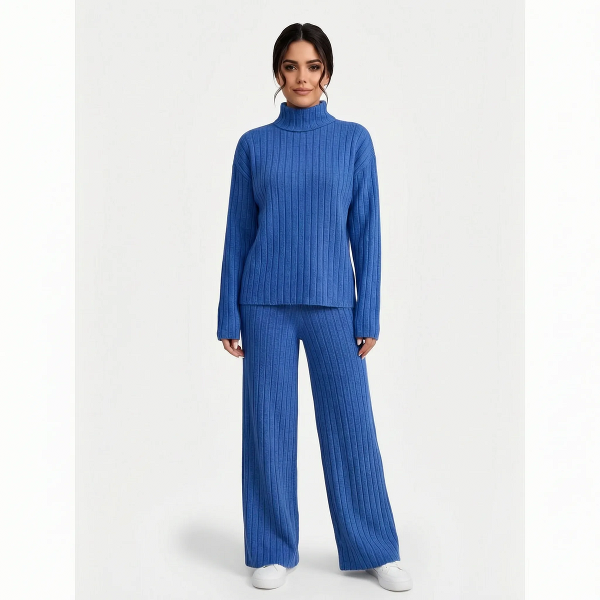 Women's ribbed turtle-neck knitted top and wide-leg trouser co-ord set