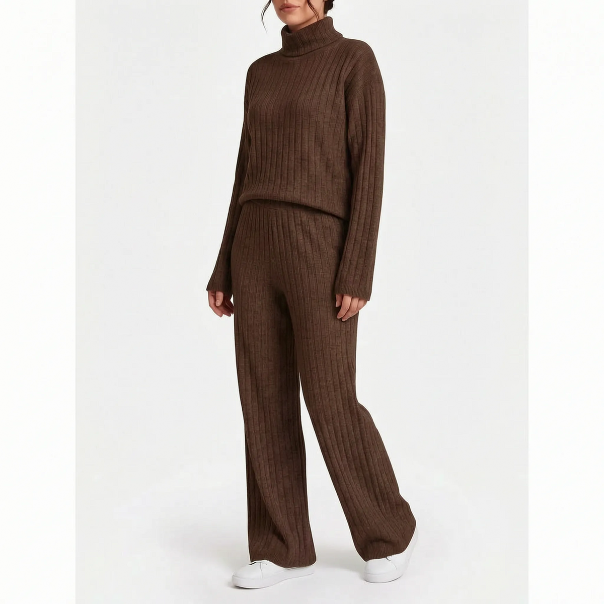Women's ribbed turtle-neck knitted top and wide-leg trouser co-ord set