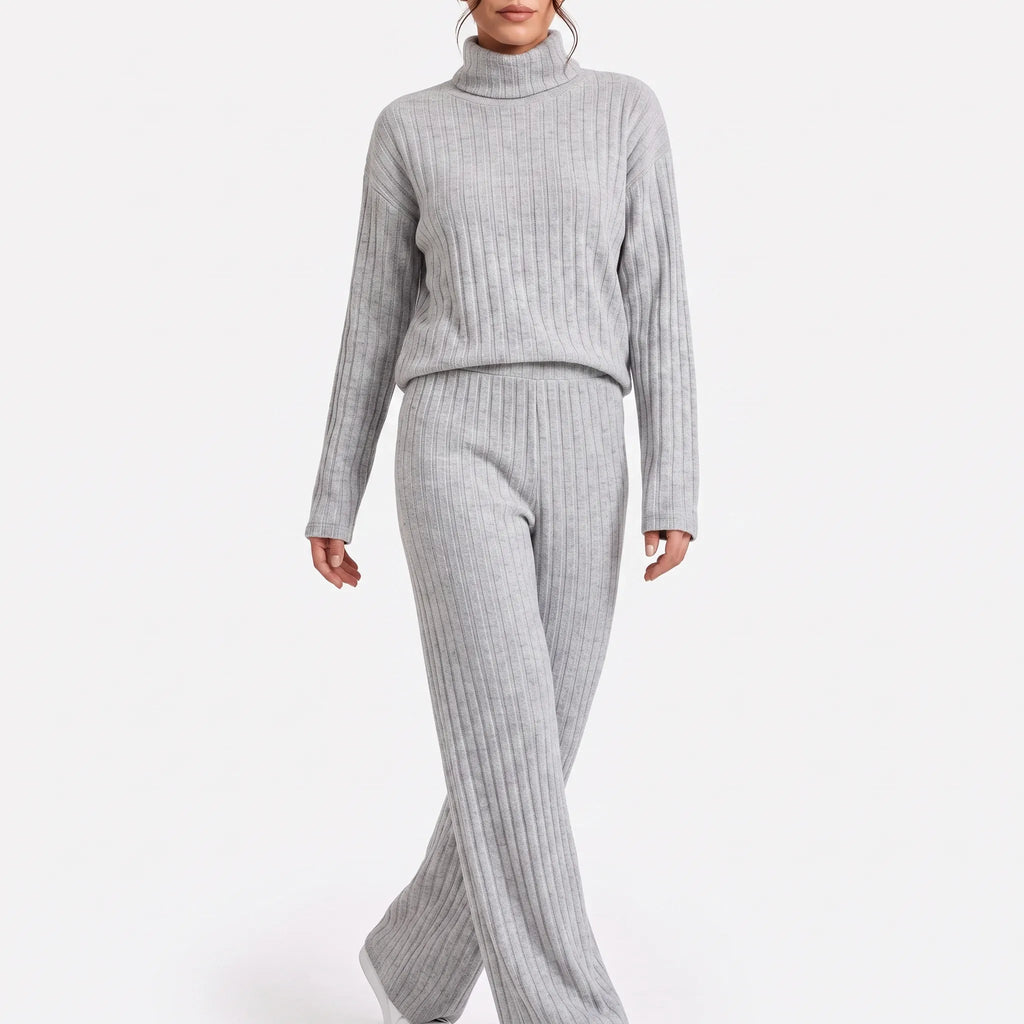 Women's ribbed turtle-neck knitted top and wide-leg trouser co-ord set