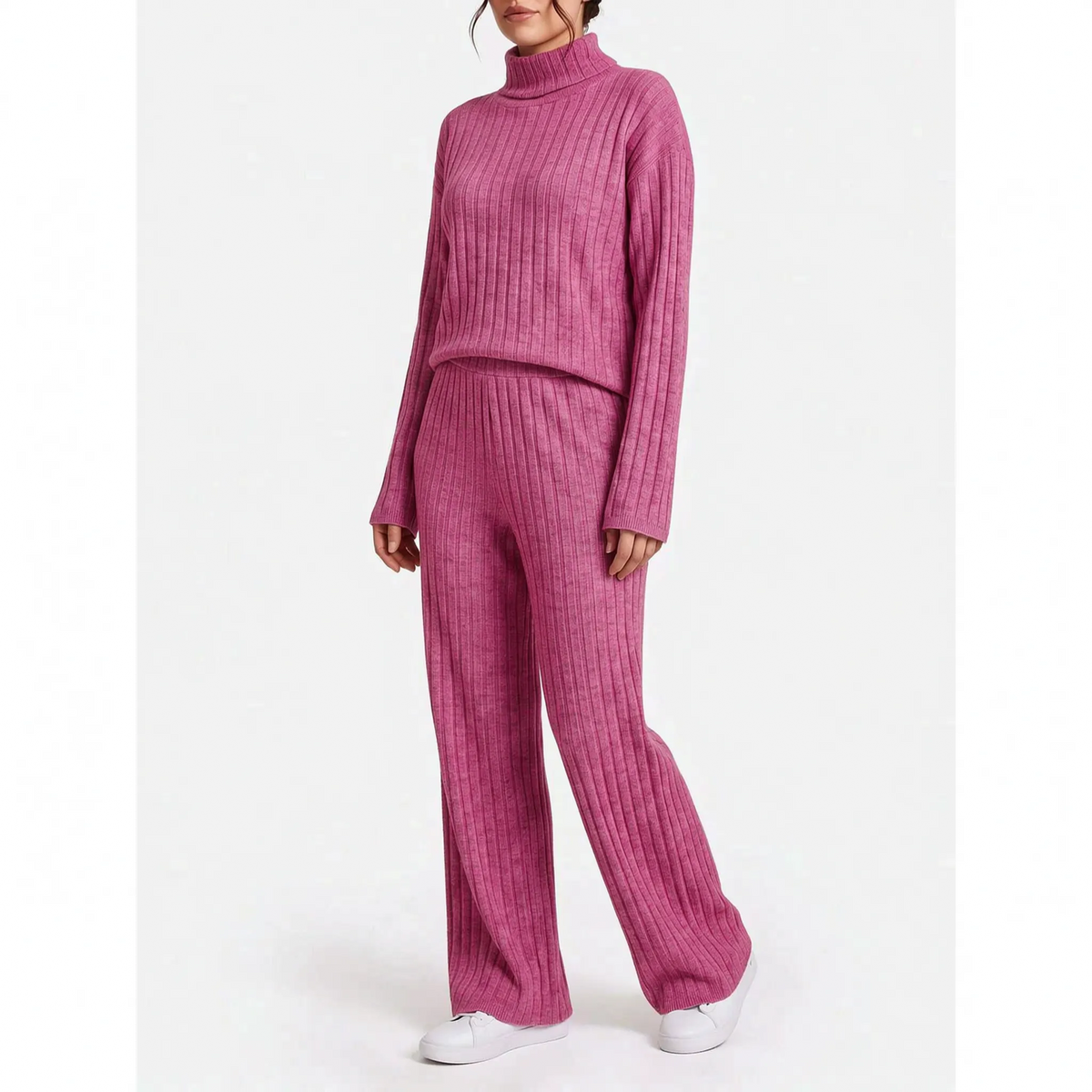Women's ribbed turtle-neck knitted top and wide-leg trouser co-ord set