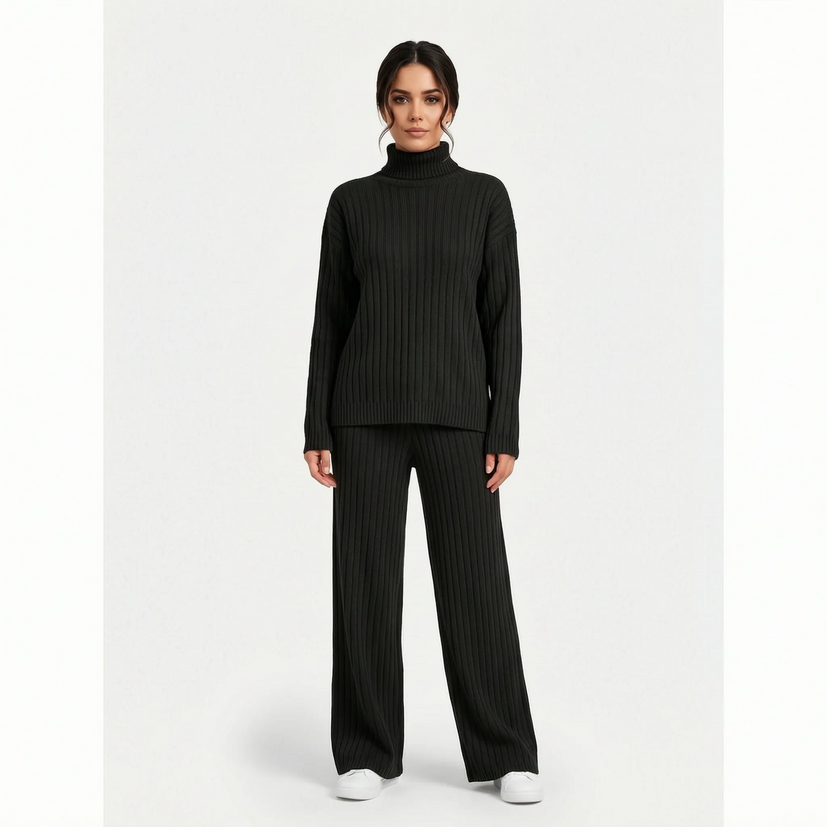 Women's ribbed turtle-neck knitted top and wide-leg trouser co-ord set