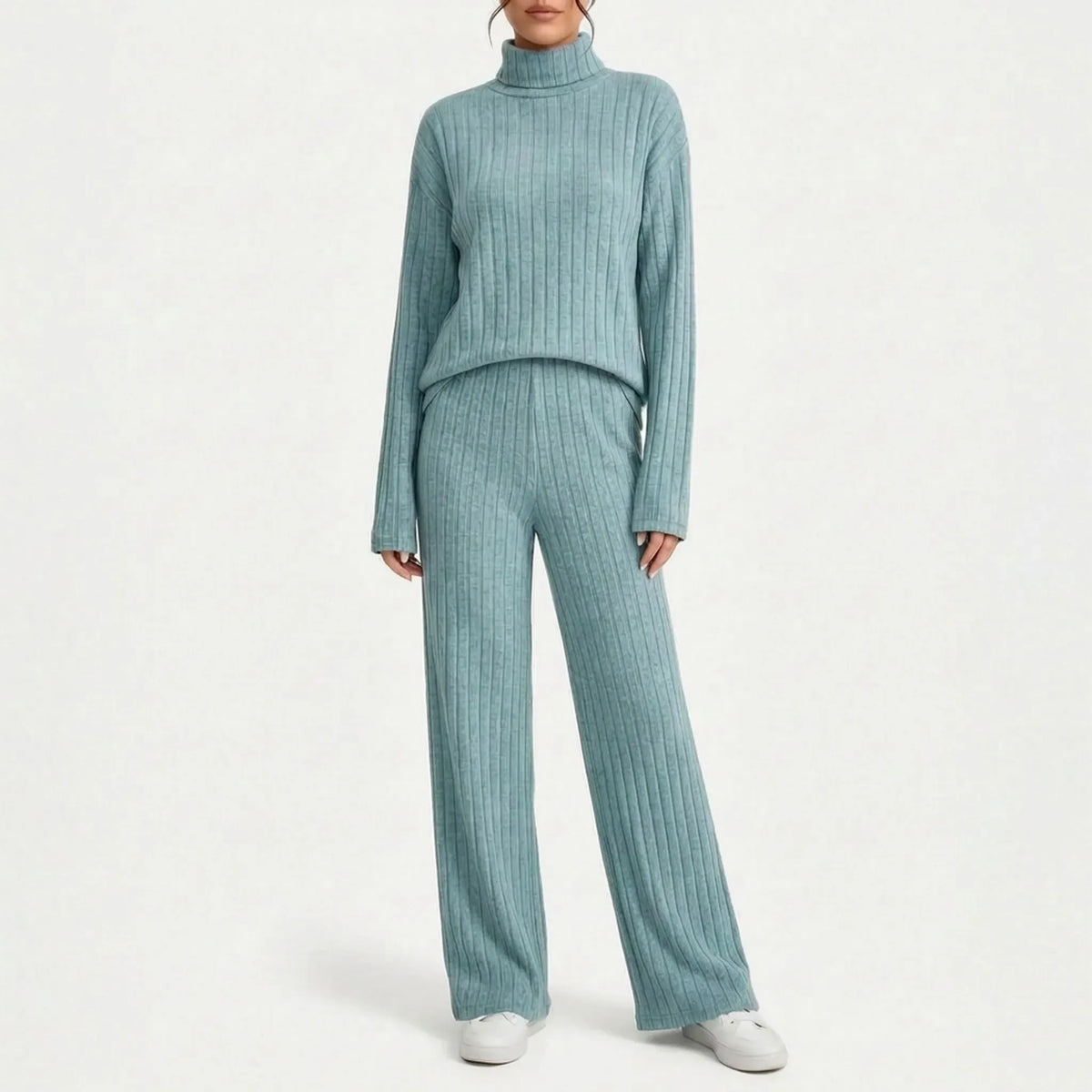 Women's ribbed turtle-neck knitted top and wide-leg trouser co-ord set