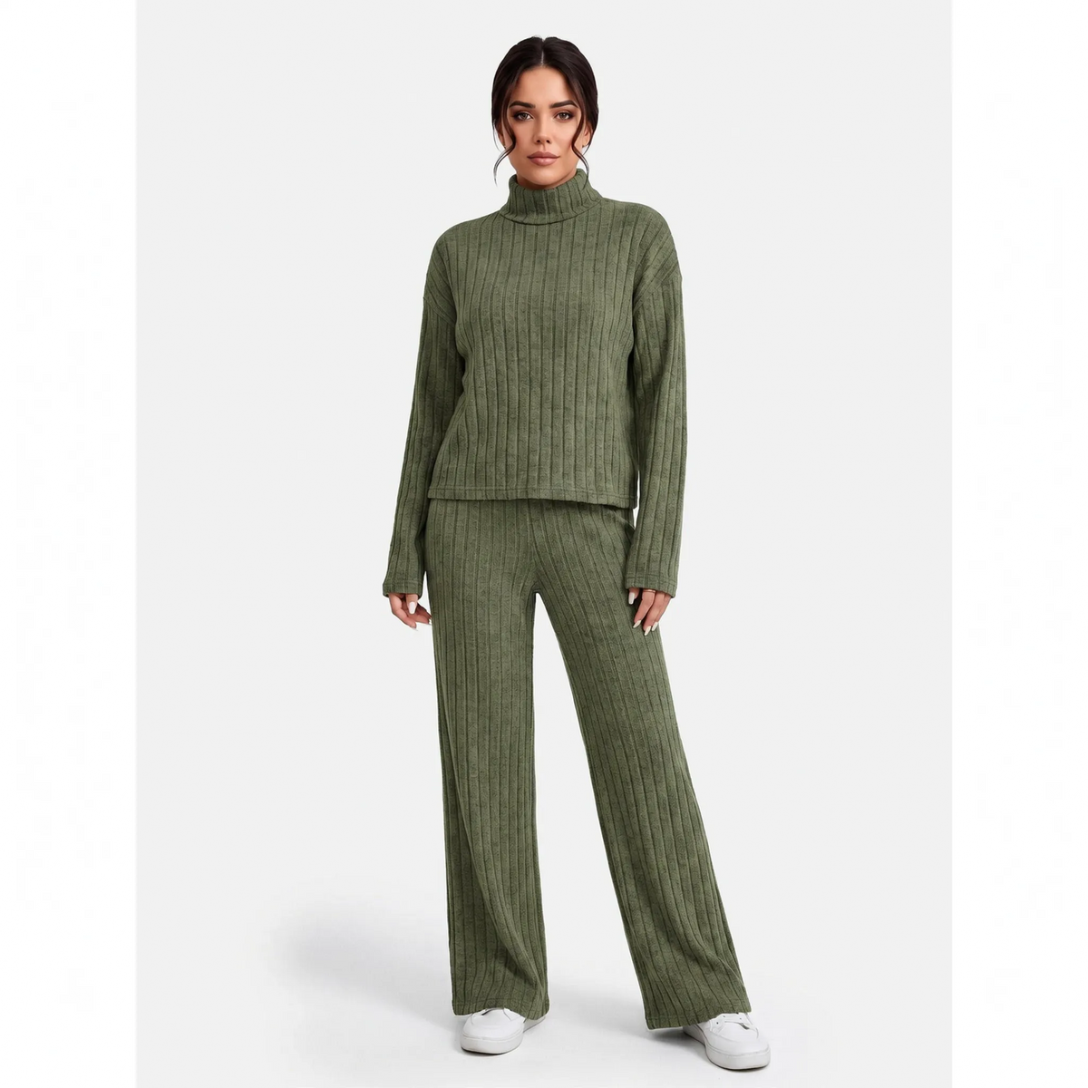 Women's ribbed turtle-neck knitted top and wide-leg trouser co-ord set