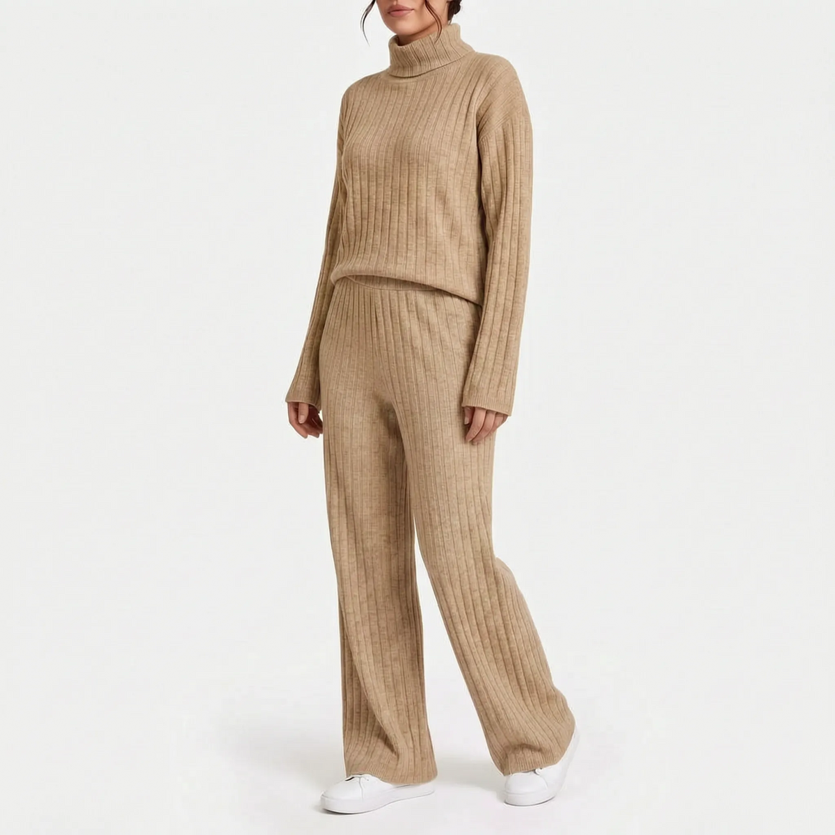 Women's ribbed turtle-neck knitted top and wide-leg trouser co-ord set