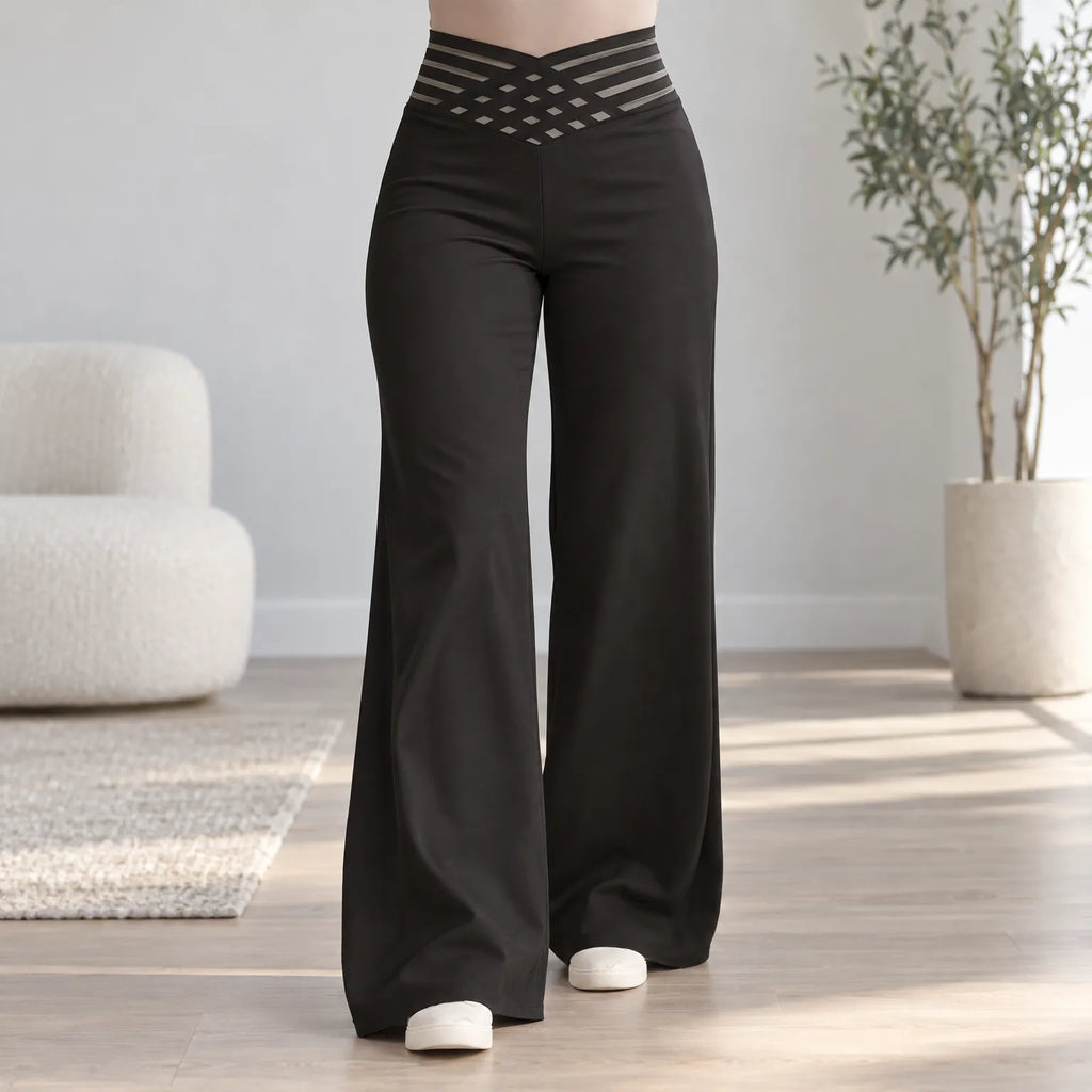 Women's black wide-leg trousers with high waist and cross-over mesh waistband