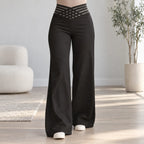 Women's black wide-leg trousers with high waist and cross-over mesh waistband
