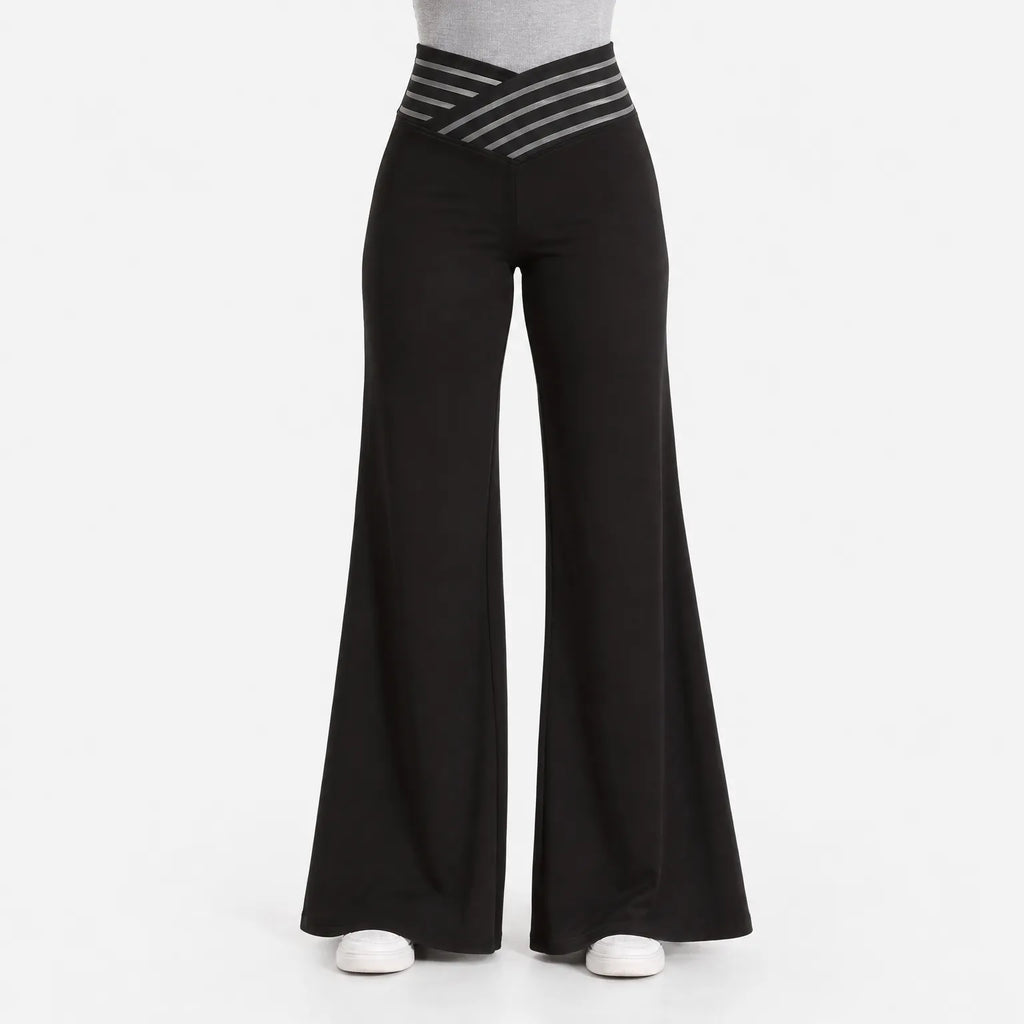 Women's black wide-leg trousers with high waist and cross-over mesh waistband