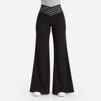 Women's black wide-leg trousers with high waist and cross-over mesh waistband