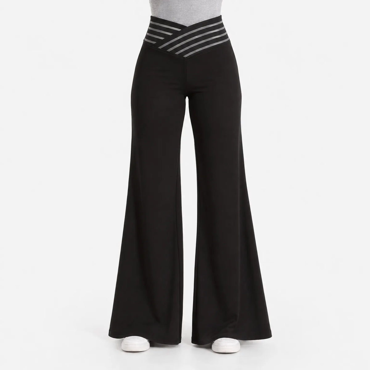 Women's black wide-leg trousers with high waist and cross-over mesh waistband