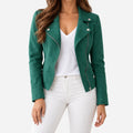 Women's fitted biker jacket with lapels, long sleeves and asymmetric zip fastening