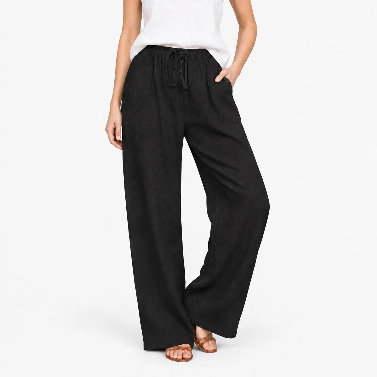 Women's wide-leg trousers with elasticated drawstring waist and side pockets