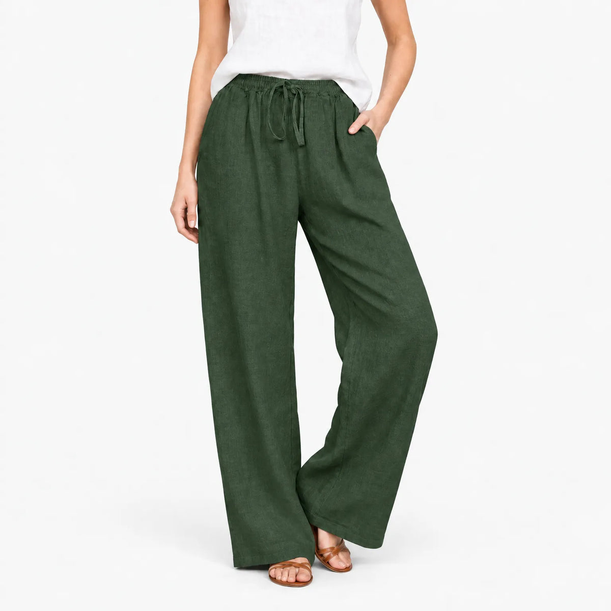 Women's wide-leg trousers with elasticated drawstring waist and side pockets