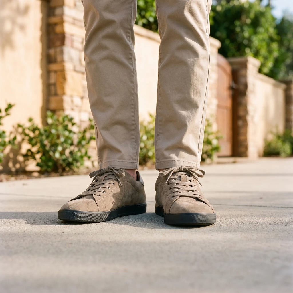 Men's low-top lace-up trainers with textured uppers and flat dark soles